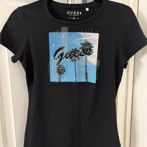 Guess Women's Black and Blue Graphic Tee
